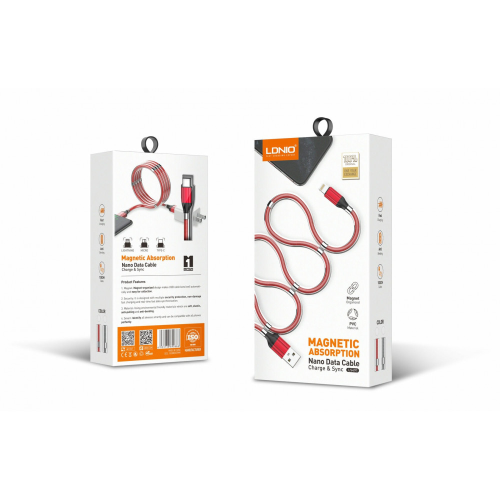 Кабель LDNIO LS491 USB Lightning (1 м) Магнитная оплетка, красный