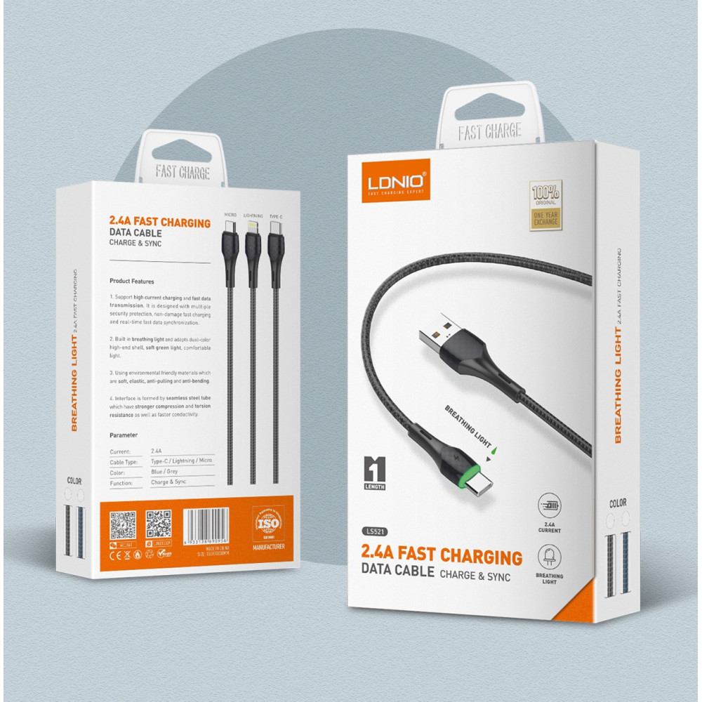 Кабель LDNIO LS522 USB Lightning (2 м) с подсветкой, серый
