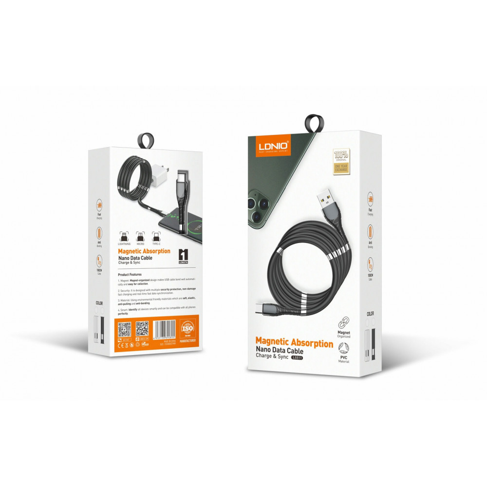 Кабель LDNIO LS511 Micro USB (1 м) Магнитная оплетка, черный