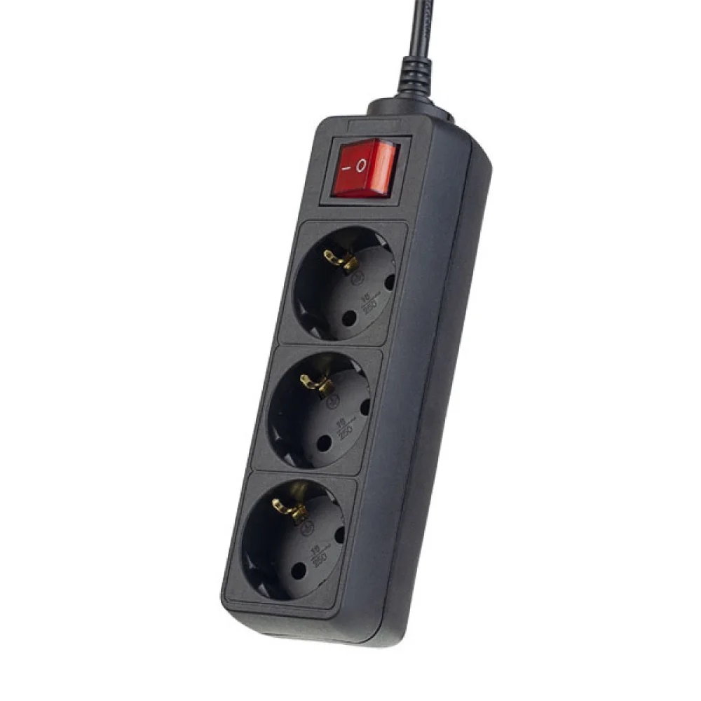Удлинитель 3 гнезда Perfeo Powermate (1.8 м) с выключателем и заземлением, черный 